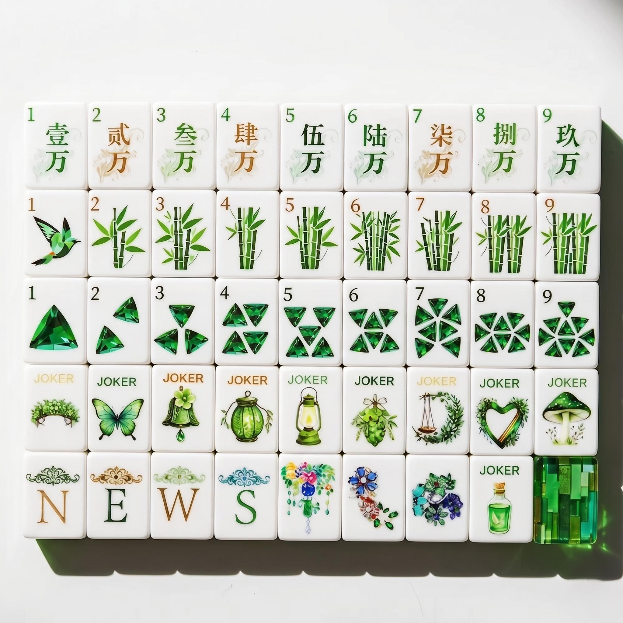 Mahjong Set Enchanted Forest | Emerald Green Botanical Tiles | Lucite Bamboo Bac