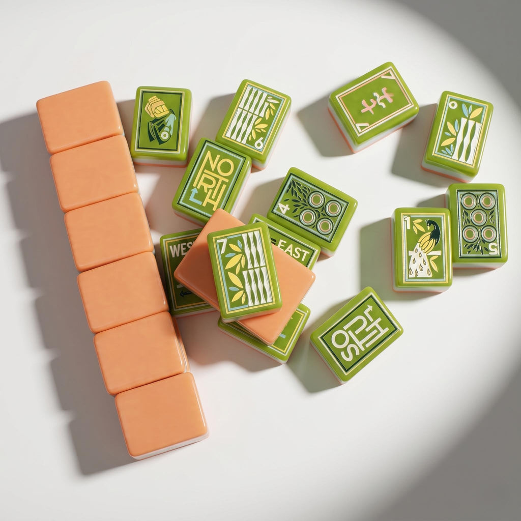 Mahjong Set Retro Botanical | Olive Green Art Deco Tiles | Peach Orange Back | C