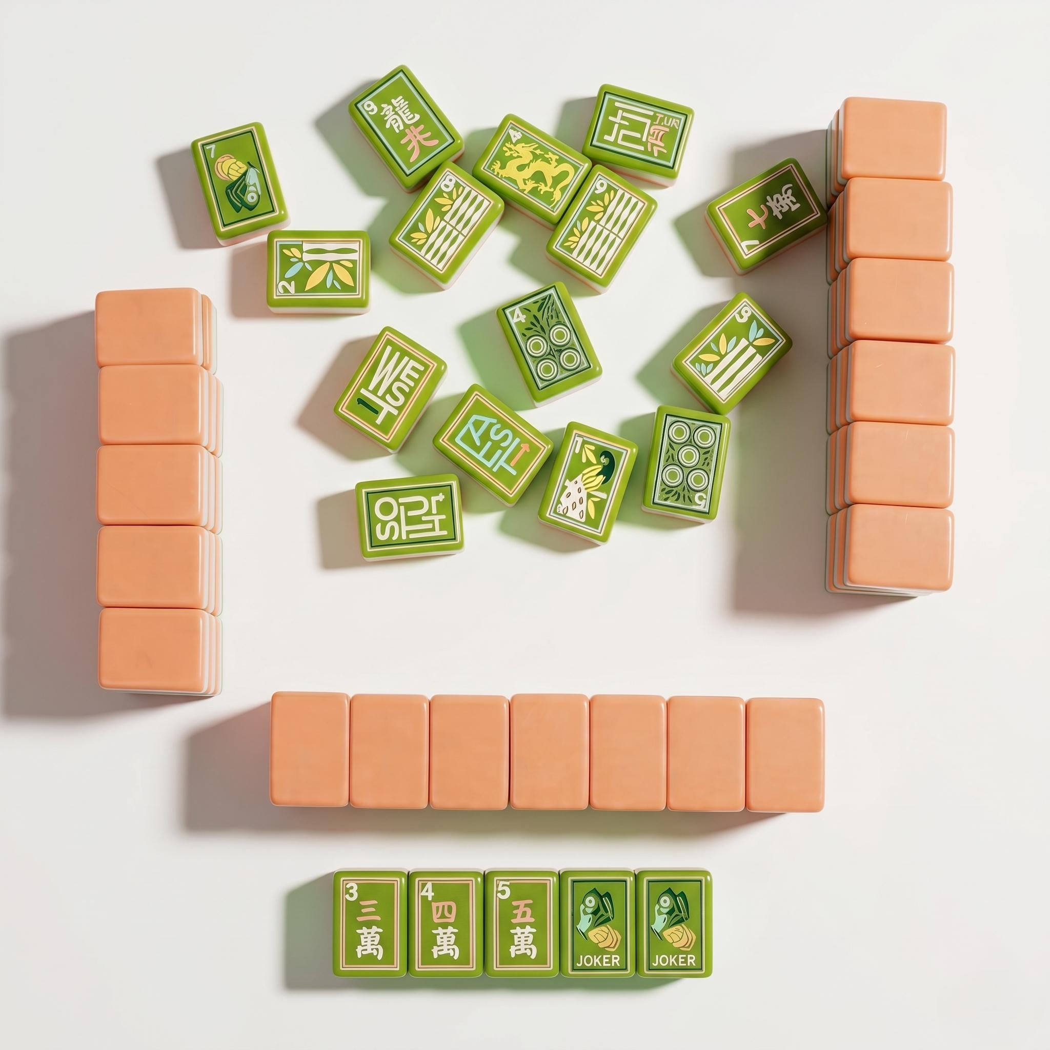 Mahjong Set Retro Botanical | Olive Green Art Deco Tiles | Peach Orange Back | C