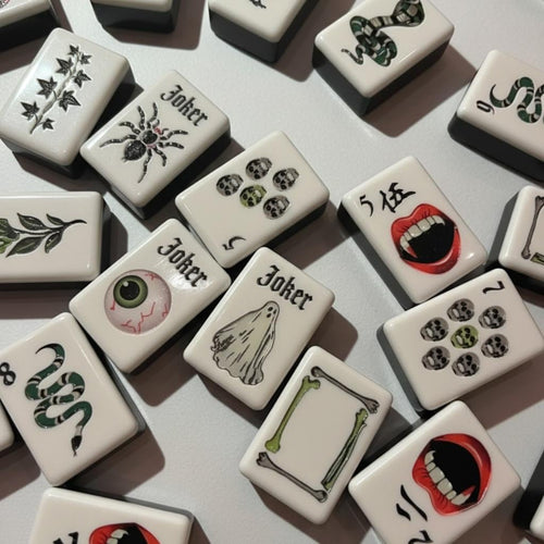 American Mahjong Set | Halloween Gothic Theme | Black & White Acrylic Tiles | Co