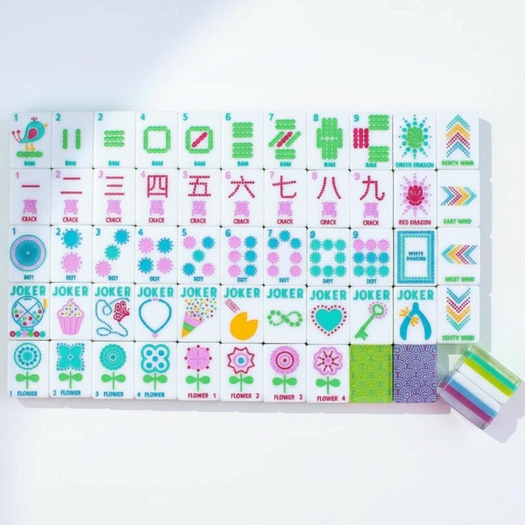 Mahjong Set | Colorful 4 Layer Tiles with Pink Purple Teal Design | American Mah