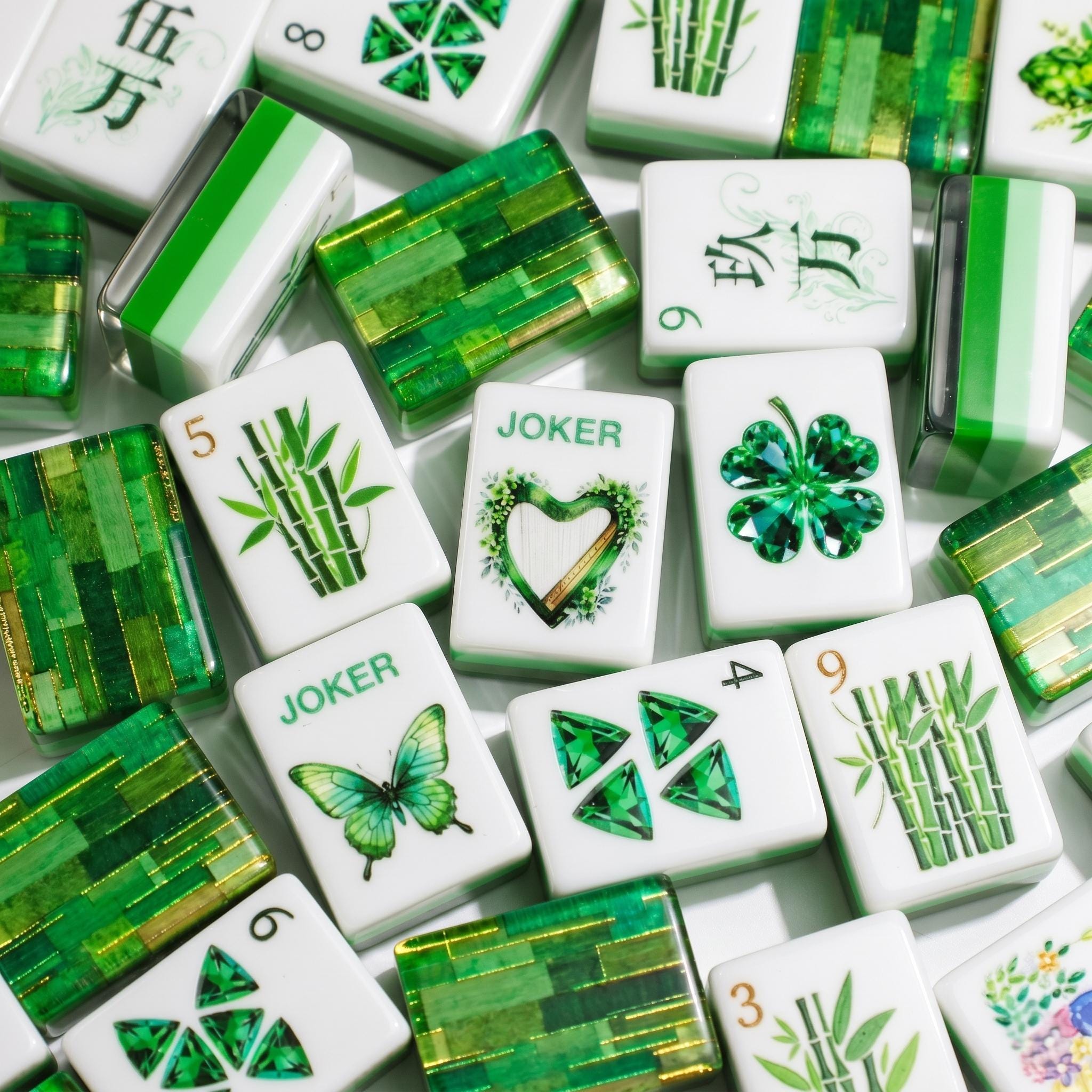 Mahjong Set Enchanted Forest | Emerald Green Botanical Tiles | Lucite Bamboo Bac