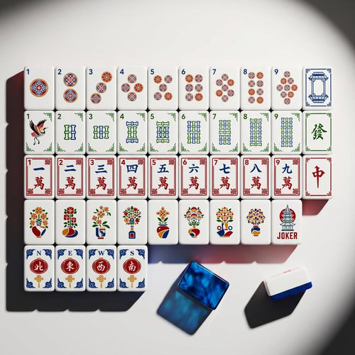 American Mahjong Set | Floral Pattern Tiles with Blue Marbled Pushers | Complete